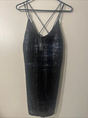 Shine star Black Sequin Midi Slip Dress with Crisscross Straps Sz L